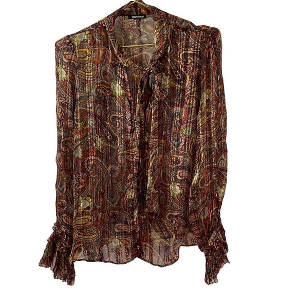 Love Sam Tops - Love Sam Sheer Paisley Tie Neck Blouse Size Large NWOT